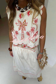 Sunny Day Linen Blend Contrast Embroidered Print Scallop Trim Lace-up Top