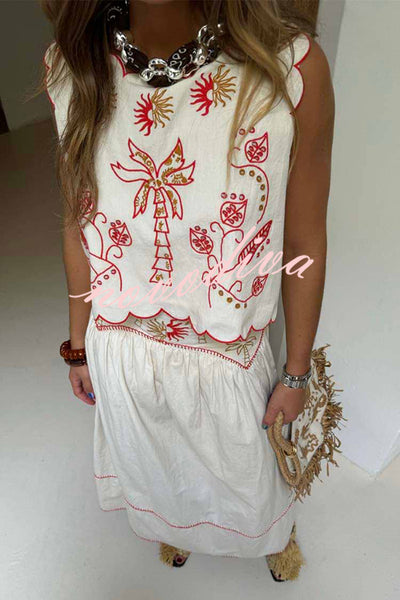 Sunny Day Linen Blend Contrast Embroidered Print Scallop Trim Lace-up Top
