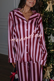 Courtney Satin Colorblock Striped Loose Shirt and Elastic Waist Pocketed Pajama Set
