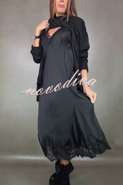 Fashionable V-neck Suspender Lace Splicing Casual Midi Dress