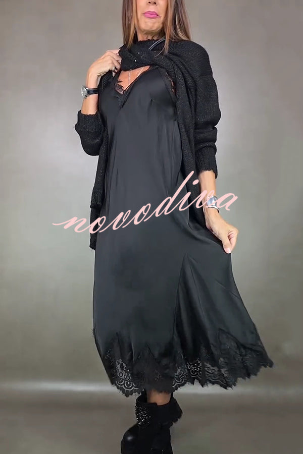 Fashionable V-neck Suspender Lace Splicing Casual Midi Dress