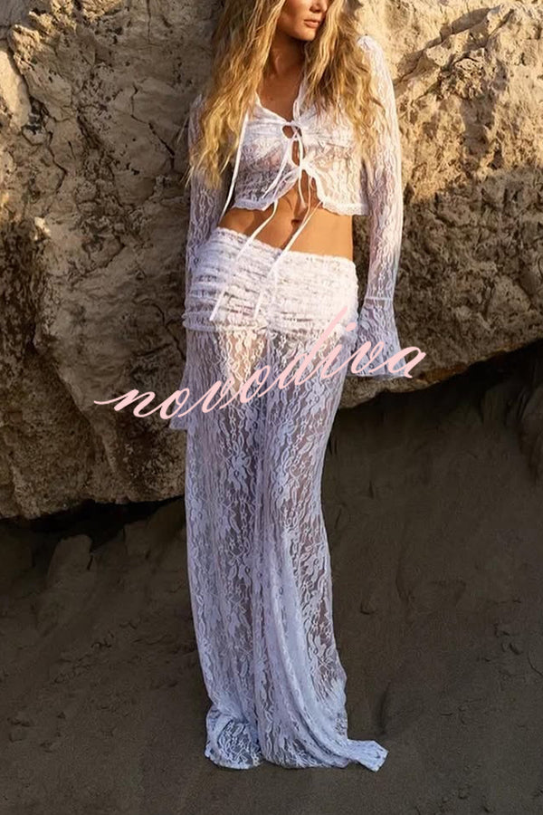 Sexy Lace Long-sleeve Lace-up Top and Pleated Sheer Maxi Skirt Set