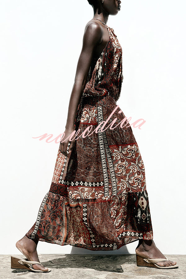 Ethnic Boho Colorblock Print Elastic Waist Resort Style Maxi Dress