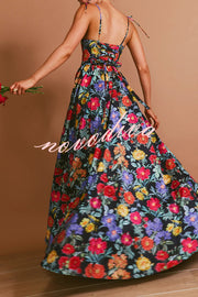 Garden Wedding Floral Print Back Tie-up Pocketed Slit Maxi Dress