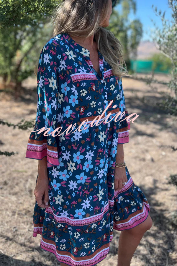 Ethnic Floral Print V-neck Loose Pocket Mini Dress