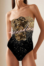 Ombre Sequin Print Metallic Fabric Flower Embellished Stretch One-piece Swimsuit