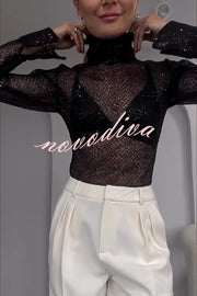 Shimmering Twilight Sequin Turtleneck Long Slit Sleeve H-line Blouse