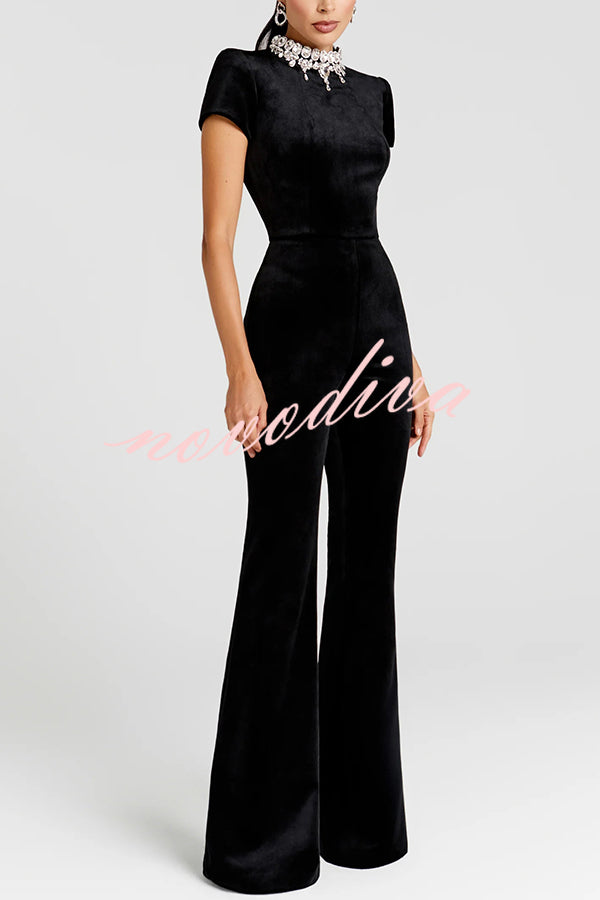 Lucia Luxurious Velvet Jewel-encrusted Turtleneck Short Sleeve Flare Stretch Jumpsuit