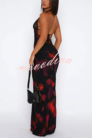 Fashion Printed Halter Neck Backless Lace-Up Sexy Slim Maxi Dress