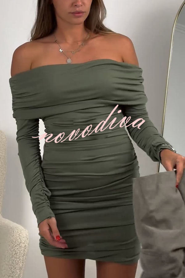 Friday Party Off Shoulder Long Sleeve Ruched Stretch Party Mini Dress