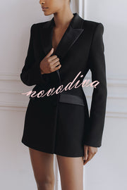 Modern Evening Gown Satin Lapel Button Long Sleeve Tuxedo-style Blazer Mini Dress