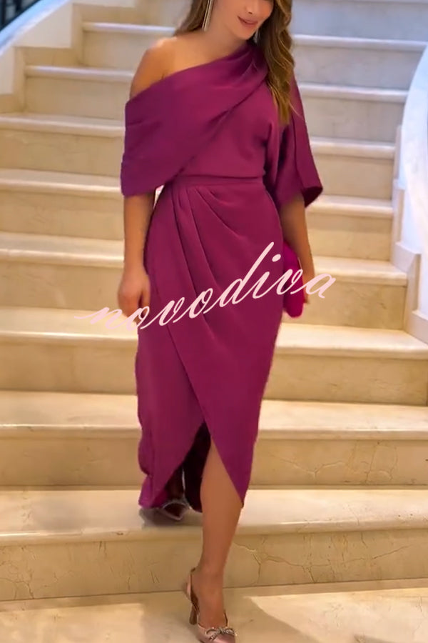 Whispered Yes Satin Irregular Lapel Neckline Design Ruched Maxi Dress
