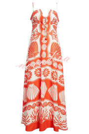 Beautiful Shell Unique Print Front Lace-up Loose  Maxi Dress