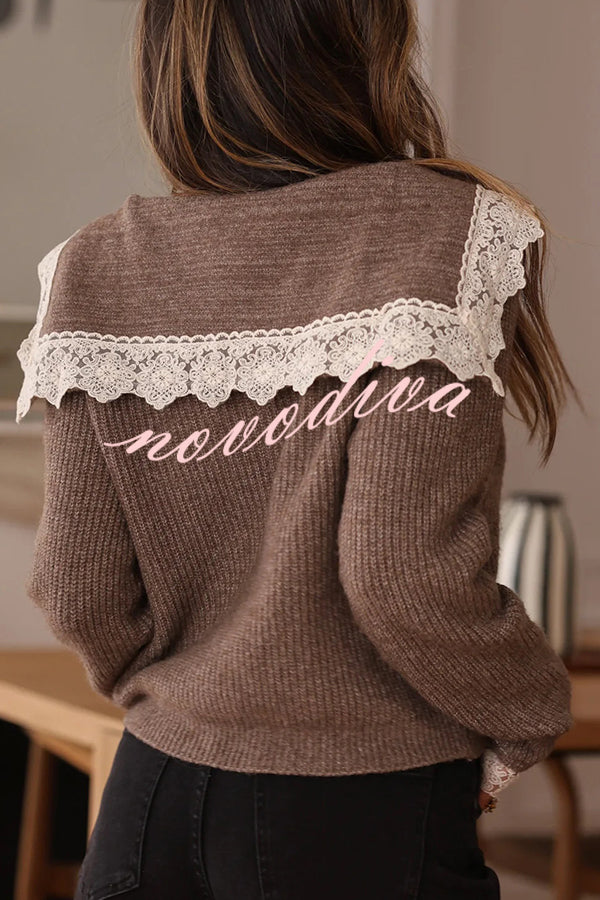 Fashionable Lace-trimmed Sailor Collar Casual Knit Cardigan