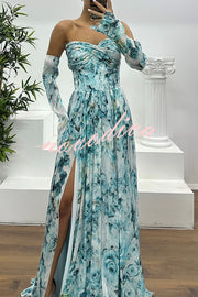 Reina Chiffon Floral Print Pleated Bodice Split Sleeve Strapless Slit Maxi Dress