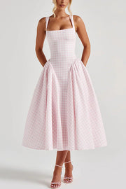 Playful Elf Gingham Square Neck Back Smocked Lace-up Midi Dress