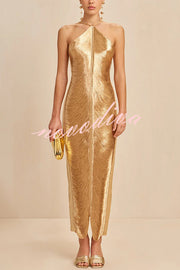 Sexy Allnight Metallic Halterneck Backless Fringed Slit Maxi Dress