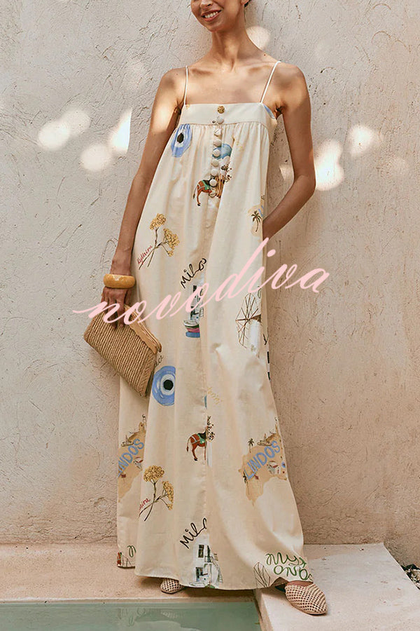 Linen Blend Sling Backless Loose Holiday Maxi Dress