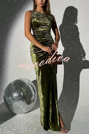 Solid Color Velvet Round Neck Sleeveless Slim Slit Maxi Dress