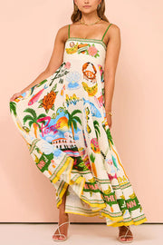 Holiday Paradise Linen Blend Unique Print Smocked Back Pocket Maxi Dress