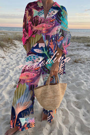 Ocean Fish Print Oversized Shirt and Elastic Waist Pocket Pants Set