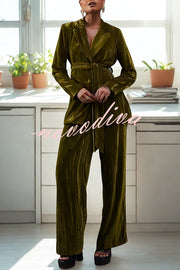 Solid Color Velvet Long-sleeved Waist Tie Top and Elastic Waist Casual Pocket Straight-leg Pants Set