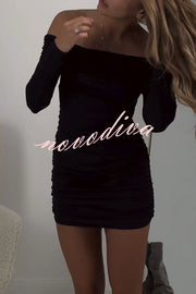 Friday Party Off Shoulder Long Sleeve Ruched Stretch Party Mini Dress