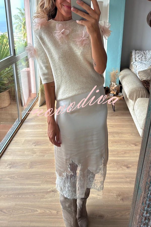 Lola Satin Lace Trim High Rise Side Zipper Loose Midi Skirt