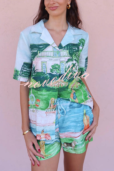 Pool Parties Linen Blend Unique Print Short Sleeve Shirt and Elastic Waist Pocket Shorts Set