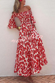 Close To The Vacation Floral Print Smocked Off Shoulder Pocketed Maxi Dress