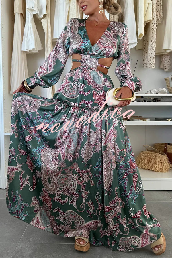 Gabbie Satin Paisley Print Cutout Elastic Waist Long Sleeve Full Hem Maxi Dress