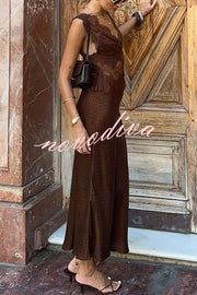 Wonderful Fusion Satin Lace Trim Poka Dot V-neck Drape Maxi Dress