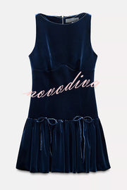 Solid Velvet Bow Embellished Sleeveless Mini Dress