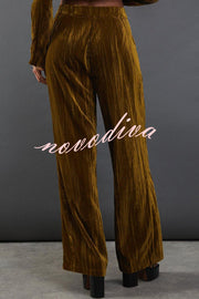 Solid Color Velvet Long-sleeved Waist Tie Top and Elastic Waist Casual Pocket Straight-leg Pants Set