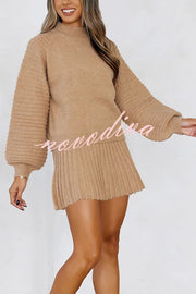 Solid Color Round Neck Puff Sleeve Loose Knit Sweater and Casual Striped Mini Skirt Set