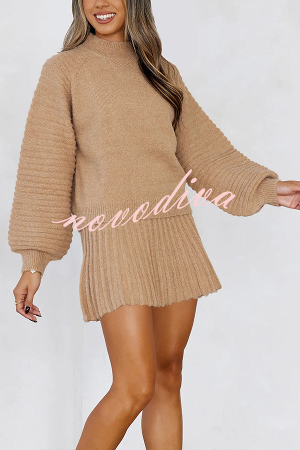 Solid Color Round Neck Puff Sleeve Loose Knit Sweater and Casual Striped Mini Skirt Set
