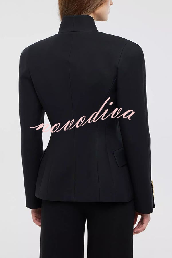 Classic Luxury Unique Metal Button Stand Collar Long Sleeve Blazer