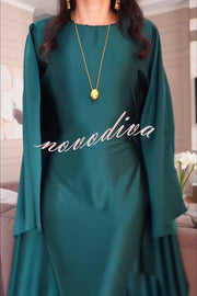 Dignified and Elegant Satin Batwing Sleeve with Waist Tie Design A-line Maxi Dress