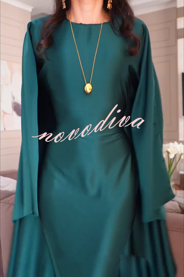 Dignified and Elegant Satin Batwing Sleeve with Waist Tie Design A-line Maxi Dress
