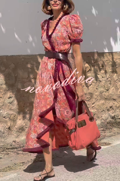 Bohemian Floral Print Elegant Puff Sleeve Holiday Maxi Dress
