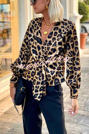 Janae Leopard Print Front Tie-up Lantern Sleeve Casual Blouse