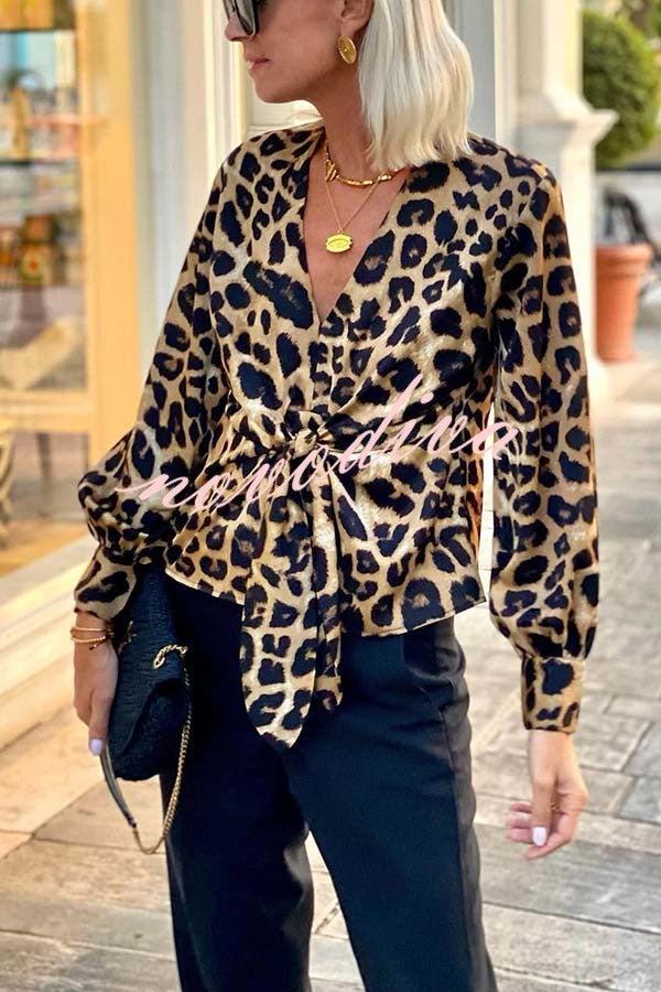 Janae Leopard Print Front Tie-up Lantern Sleeve Casual Blouse