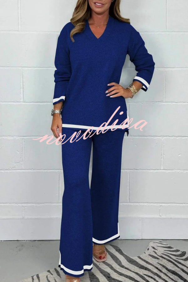 Solid Color V-neck Long-sleeved Loose Top and Elastic Waist Wide-leg Pants Set