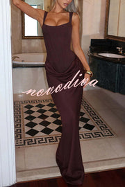 Larrah Square Neck Back Lace-up Satin Drape Hem Maxi Dress