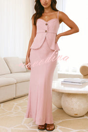 Solid Color Halter Button-Down Top and Elegant Fitted Maxi Skirt Set