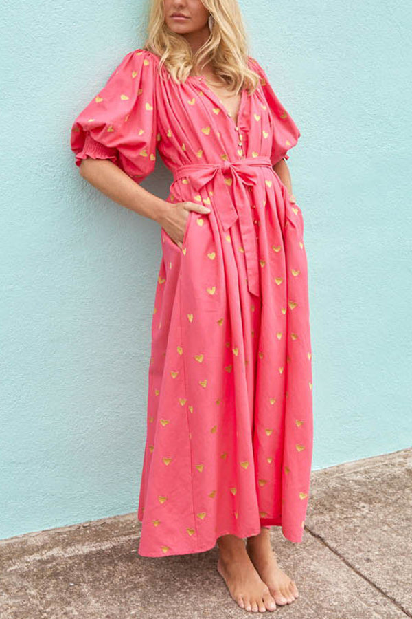 Valentine's Day Gold Heart Print Puff Sleeve Button Pocketed Loose Maxi Dress