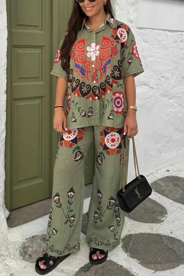 Fiji Ethnic Unique Printed Casual Shirt and Elastic Waist Wide Leg Pants Set