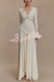 Fashion Lace Splicing Sexy V-neck Long-sleeved Slim Maxi Dress