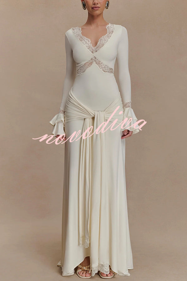 Fashion Lace Splicing Sexy V-neck Long-sleeved Slim Maxi Dress