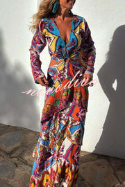 Colorful Day Unique Print Bell Sleeve Cutout Waist Layered Maxi Dress